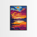 Golden Sunset, Tropical Beach, Ocean View, Framed Canvas Print, Coastal Wall Art, Relaxing Home Decor, Vibrant Beach Aesthetic