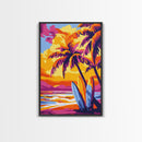 Surf Shack, Tropical Landscape, Sunset Beach, Framed Canvas Print, Boho Wall Art, Coastal Home Decor, Vibrant Surfing Aesthetic