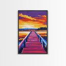 Lakeside Pier, Sunset View, Nature Serenity, Tranquil Waters, Canvas Print, Living Room Wall Art, Rustic Decor, Bold Color Palette