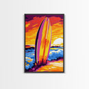 Surfboard Sunset, Ocean Waves, Beach Art, Canvas Print, Coastal Living Decor, Bold Tropical Colors, Relaxing Wall Art, Modern Home