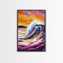 Ocean Wave, Sunset, Vibrant Art, Framed Canvas Print, Coastal Wall Art, Living Room Decor, Bold Colors, Surf Art, Beach Aesthetic