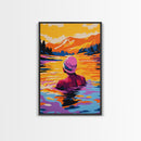 Woman Swimming, Sunset, Nature Art, Framed Canvas Print, Relaxing Wall Art, Bedroom Decor, Bold Colors, Scenic Painting, Lake Art