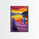 Wooden Dock, Sunset, Lake Scene, Canvas Print, Serene Wall Art, Rustic Home Decor, Nature Painting, Relaxing Landscape, Warm Tones