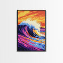 Wave Art, Surfing Aesthetic, Sunset Ocean, Framed Canvas Print, Beach House Decor, Coastal Wall Art, Vibrant Colors, Modern Seascape