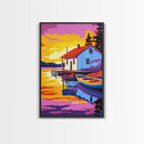 Lakeside Cabin, Cozy Retreat, Waterfront House, Nature Art, Canvas Print, Living Room Wall Art, Rustic Decor, Bold Sunset Tones