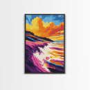 Ocean Waves, Coastal Cliff, Vibrant Sunset, Framed Canvas Print, Beach House Wall Art, Nautical Home Decor, Ocean Serenity Painting
