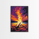 Campfire Blaze, Sunset Glow, Nature Landscape, Framed Canvas Print, Rustic Wall Art, Cabin Decor, Autumn Aesthetic, Warm Colors
