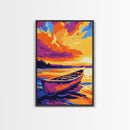 Lake Canoe, Tranquil Waters, Warm Sunset, Framed Canvas Print, Rustic Cabin Art, Living Room Wall Art, Cozy Autumn Decor, Bohemian Style