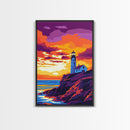 Lighthouse Art, Coastal Seascape Painting, Nautical Home Decor, Ocean Sunset Print, Beach House Wall Art, Framed Canvas Print, Office Decor