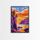 Cliffside Sunset Art, Vibrant Seascape Painting, Ocean Print, Coastal Home Decor, Beach Scene, Framed Canvas Print, Living Room Art
