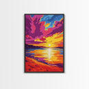 Sunset Beach, Ocean View, Coastal Wall Art, Vibrant Seascape, Living Room Decor, Nautical Aesthetic, Framed Canvas Print, Gift Idea