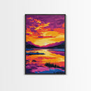 Sunset Reflection Art, Vibrant Lake Painting, Colorful Nature Canvas Print, Tranquil Home Decor, Boho Wall Art, Living Room Art