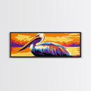 Majestic Pelican, Tropical Sunset, Framed Canvas Print, Coastal Wildlife Art, Boho Animal Decor, Colorful Bird Painting, Beach House Art