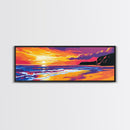 Golden Beach, Sunset Seascape, Ocean Art, Framed Canvas Print, Vibrant Coastal Scene, Nautical Living Room Decor, Waterscape Painting