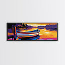 Lake Boat, Sunset Art, Cabin Decor, Vibrant Wall Art, Framed Canvas Print, Rustic Living Room, Nautical Art, Bold Seascape Painting