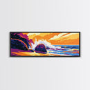 Rocky Shore, Ocean Wave, Sunset Coastline, Vibrant Nature, Framed Canvas Print, Beach House Decor, Bold Seascape, Nautical Style