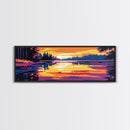 Sunset Lake, Tranquil Reflection, Serene Nature Art, Vibrant Landscape, Framed Canvas Print, Cozy Cabin Decor, Warm Autumn Colors