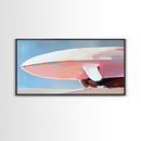 Surfboard Still Life, Minimalist Art, Framed Canvas Print, Ocean Decor, Beach House Wall Art, Soft Pastel Painting, Coastal Vibes