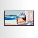 Glass Bottle, Ocean View, Beach House Decor, Coastal Aesthetic, Elegant Still Life, Framed Canvas Print, Pastel Home Decor, Tranquil Art