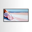 Woman in Pink, Beachside Relaxation, Canvas Print, Summer Aesthetic, Feminine Wall Art, Minimalist Seascape, Pastel Color Palette