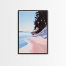 Secluded Beach, Coastal Pines, Ocean Sunset Art, Nature Wall Decor, Framed Canvas Print, Minimalist Seascape, Living Room Art, Boho Print