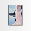 Woman by Water, Soft Pastel Art, Romantic Beach Scene, Minimalist Print, Framed Canvas Print, Tranquil Home Decor, Feminine Wall Art