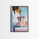 Beach Picnic, Palm Tree, Drinks, Framed Canvas Print, Summer Wall Art, Tropical Aesthetic, Kitchen Art, Coastal Home Decor, Boho Art