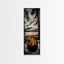 Sunset Fire Pit, Cozy Camping Decor, Lakeside Bonfire, Outdoor Wall Art, Framed Canvas Print, Rustic Lodge Art, Warm Tones, Cabin Decor