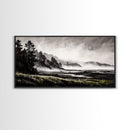 Foggy Hills, Woodland Landscape, Monochrome Art, Canvas Print, Rustic Nature Decor, Peaceful Wall Art, Mountain Art