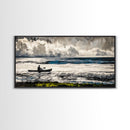 Kayaker on the Waves, Black and White Canvas Print, Ocean Adventure Wall Art, Nautical Decor, Living Room Artwork, Framed Canvas Print