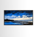 Blue Pier, Lake Scene, Stormy Sky, Framed Canvas Print, Nautical Art, Minimalist Landscape, Bedroom Wall Decor, Large Wall Art