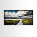 Beach Boardwalk, Coastal Landscape, Black and White Seascape, Nautical Decor, Living Room Artwork, Beach House Scene, Framed Canvas Print