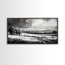 Winter Landscape, Black White, Scenic Country Road, Framed Canvas Print, Serene Nature Art, Rustic Wall Decor, Bedroom Artwork