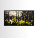 Forest Pathway, Autumn Woodland, Yellow Foliage, Moody Nature Art, Black and White, Peaceful Retreat, Cabin Wall Decor, Framed Canvas Print