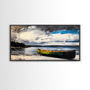 Green Canoe, Tranquil Art, Lake Landscape, Serene Cabin Wall Art, Adventure Home Decor, Living Room Art, Framed Canvas Print