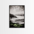 Misty Mountain View, Black and White Landscape, Minimalist Nature Wall Art, Bedroom Decor, Framed Canvas Print, Neutral Aesthetic