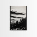 Misty Mountain, Black White Wall Art, Landscape Painting, Nature Artwork, Modern Home Decor, Minimalist Art, Framed Canvas Print