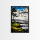 Tropical Beach Scene, Coastal Landscape Art, Black White Blue Yellow, Palm Tree Ocean Decor, Relaxing Home Gift, Framed Canvas Print