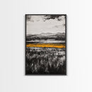 Golden Meadow, Black and White Landscape with Yellow Accents, Minimalist Nature Wall Art, Framed Canvas Print, Living Room or Office Decor
