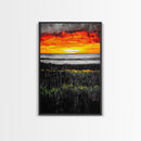 Bold Sunset, Coastal Horizon, Modern Landscape, Framed Canvas Print, Vibrant Seascape Art, Minimalist Beach Decor, Living Room Wall Art