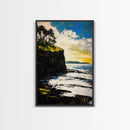 Dramatic Seascape, Cliffside View, Blue and Yellow Art, Canvas Print, Coastal Wall Decor, Beach House Artwork, Contemporary Style