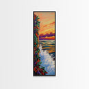 Sunset Waves, Colorful Leaves, Beach Serenity, Framed Canvas Print, vibrant ocean wall decor, boho coastal living room art