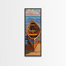 Wooden Boat, Seaside, Calm – Framed Canvas Print nautical wall art, beach decor, ocean scene print, coastal vibes, living room art