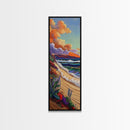 Shoreline Wildflowers, Waves, Sunset, Framed Canvas Print, beach boho art, floral coastal scene, bathroom or bedroom wall decor