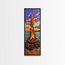 Vibrant Campfire, Sunset Beach – Colorful Beach Bonfire Painting, Fall Outdoor Wall Art, Framed Canvas Print, Cabin Living Room Style