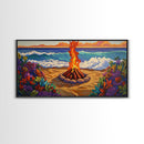 Fire Beach, Ocean, Framed Canvas Print, Sunset Beach Bonfire Painting, Vibrant Coastal Campfire Wall Art, Boho Living Room Decor