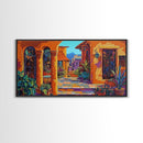 Spanish Courtyard, Colorful Villa Street, Southwest Patio Art, Framed Canvas Print, Mediterranean Home Decor, Rustic Wall Art