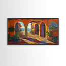 Courtyard Villa, Colorful, Tiles, Framed Canvas Print, Spanish villa artwork, warm terra cotta boho decor, kitchen or hallway wall art