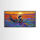 Sunset Loon, Splash, Painting, Framed Canvas Print lakehouse wall art, coastal bathroom decor, vibrant nature print, ocean artwork