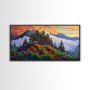 Mountain Trees, Sunset Ridge, Cloudy Peaks, Framed Canvas Print, Nature Inspired Wall Art, Autumn Living Room or Office Decor